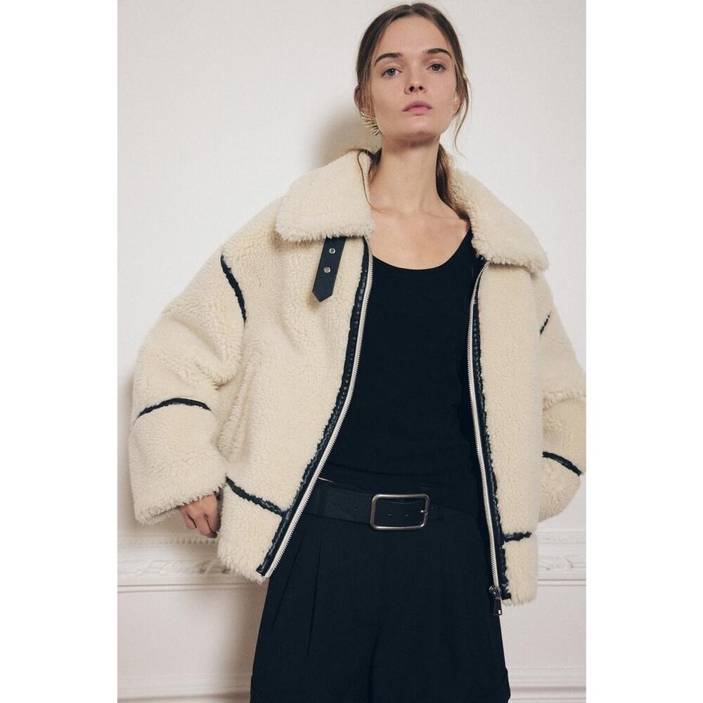 Zara Fleece Biker Jacket ZW Collection Ecru - M - Picture 5 of 8